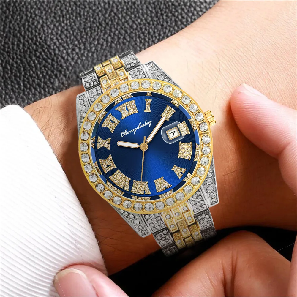 Full Iced Out Luxury Watch for Man Brand Diamond Womens Mens Watches Quartz Men's Watch Calendar Hip Hop Male Clock Gift for Men