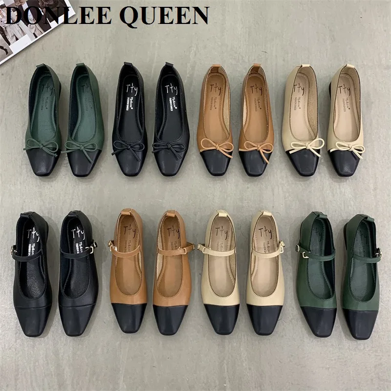 

Shallow Bottoms Flats Women Shoes 2022 Autumn Elegant Design Bow Knot Square Toe Ballerina Brand Color Matching Female Mary Jane