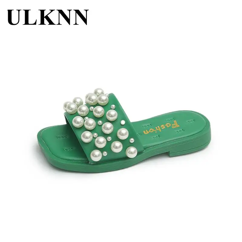 

Students' New Slippers Girls Pearl Slippers Kid's Fashion Solid Fashion Drag Batch Fashion Children's Green Slippers 2023 Summer