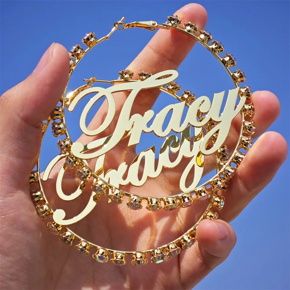 2023 Personalize 50-70mm Name Hoop Earring Personalized Abs Diamond Big Earring For Women Party Jewelry Gifts