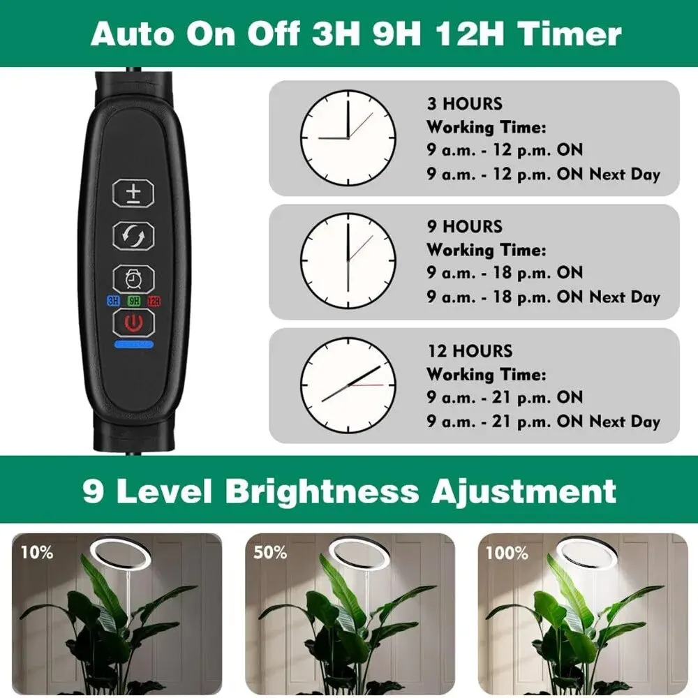Enhanced Full Spectrum LED Grow Light for Indoor Plants with Adjustable Height and Dimmable Timer