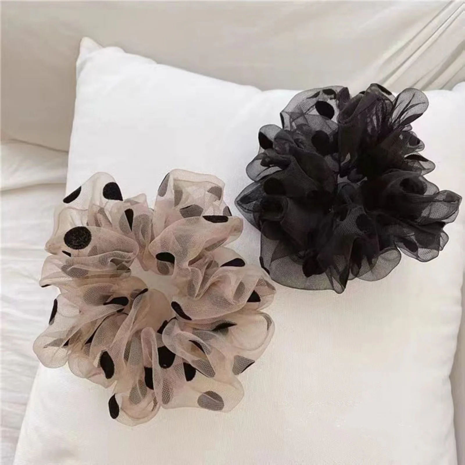 1PC　Polka Dot Organza Hair Scrunchies, Black & Beige Hair Ties, Cute Hair Accessories, Perfect for Adding a Feminine Touch