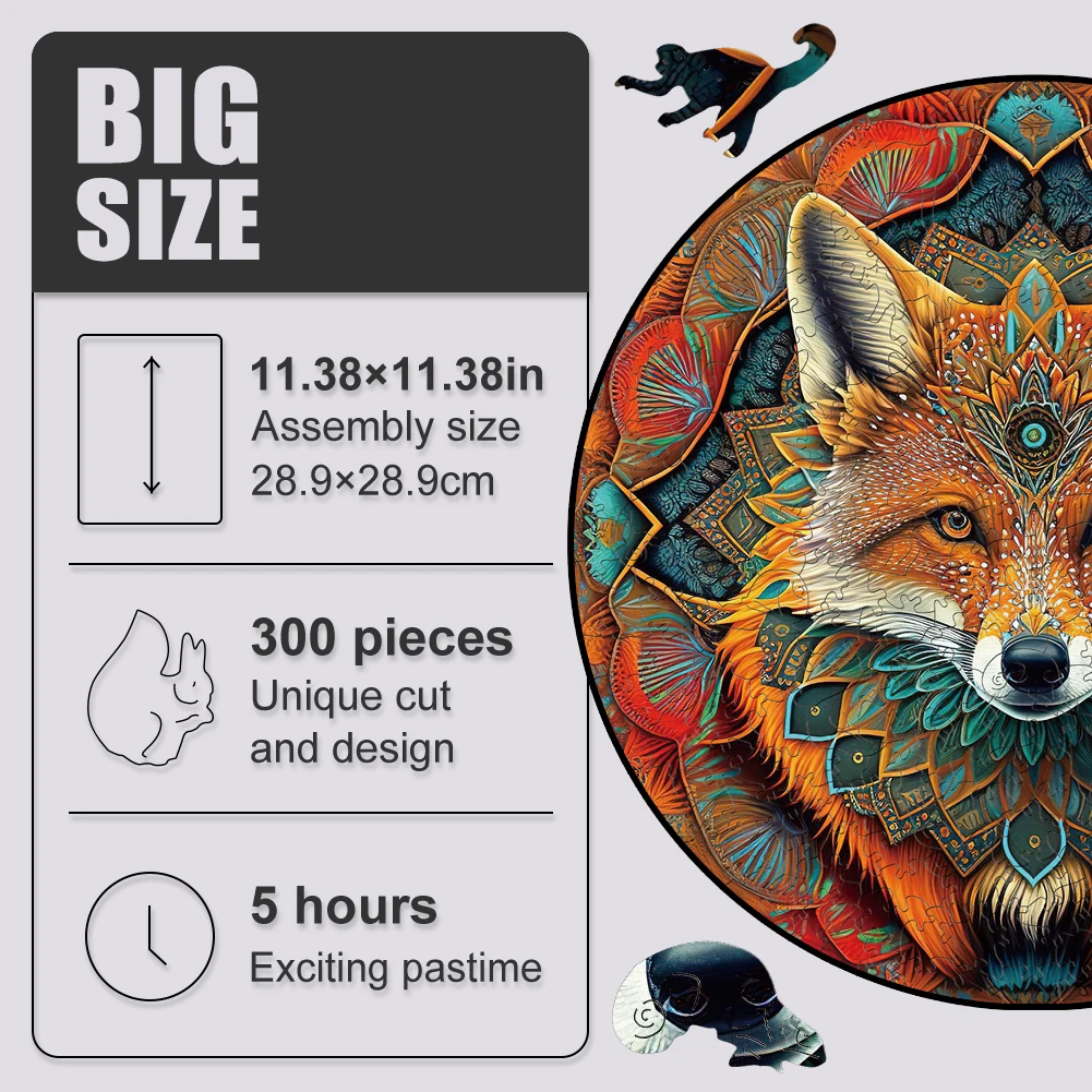 Wooden Puzzle Mandala Fox Ethnic Wooden Jigsaw Puzzle Unique Animal Shaped Pieces Charming Fox Puzzle Best Gift For Adults, Kids 2