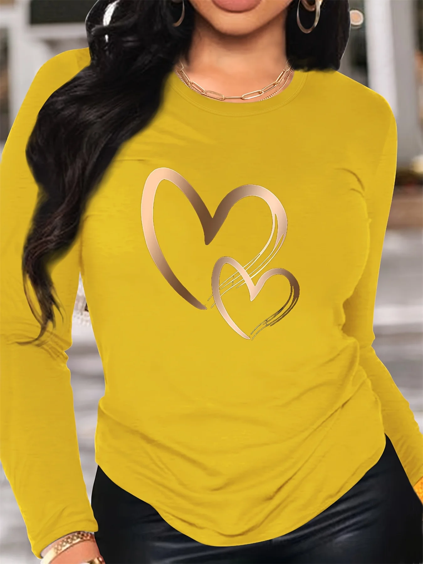 Spring and Autumn Women's 100% Cotton Fashion Casual Loose Heart Pattern Printed Long Sleeve Round Neck T-shirt 5