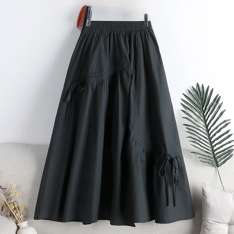 일본식 Drawstring 묶인 주름 치마 여성의 새로운 2023 슬리밍 중간 길이 엉덩이 커버 캐주얼 a 라인 우산 스커트
