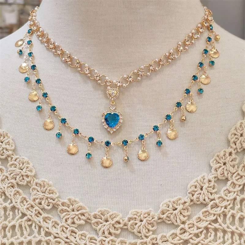 Popular Blue Love Shell Shape Double layered Necklace Gold Color Luxury Neck Accessories for Women Girls Fashion Accessories