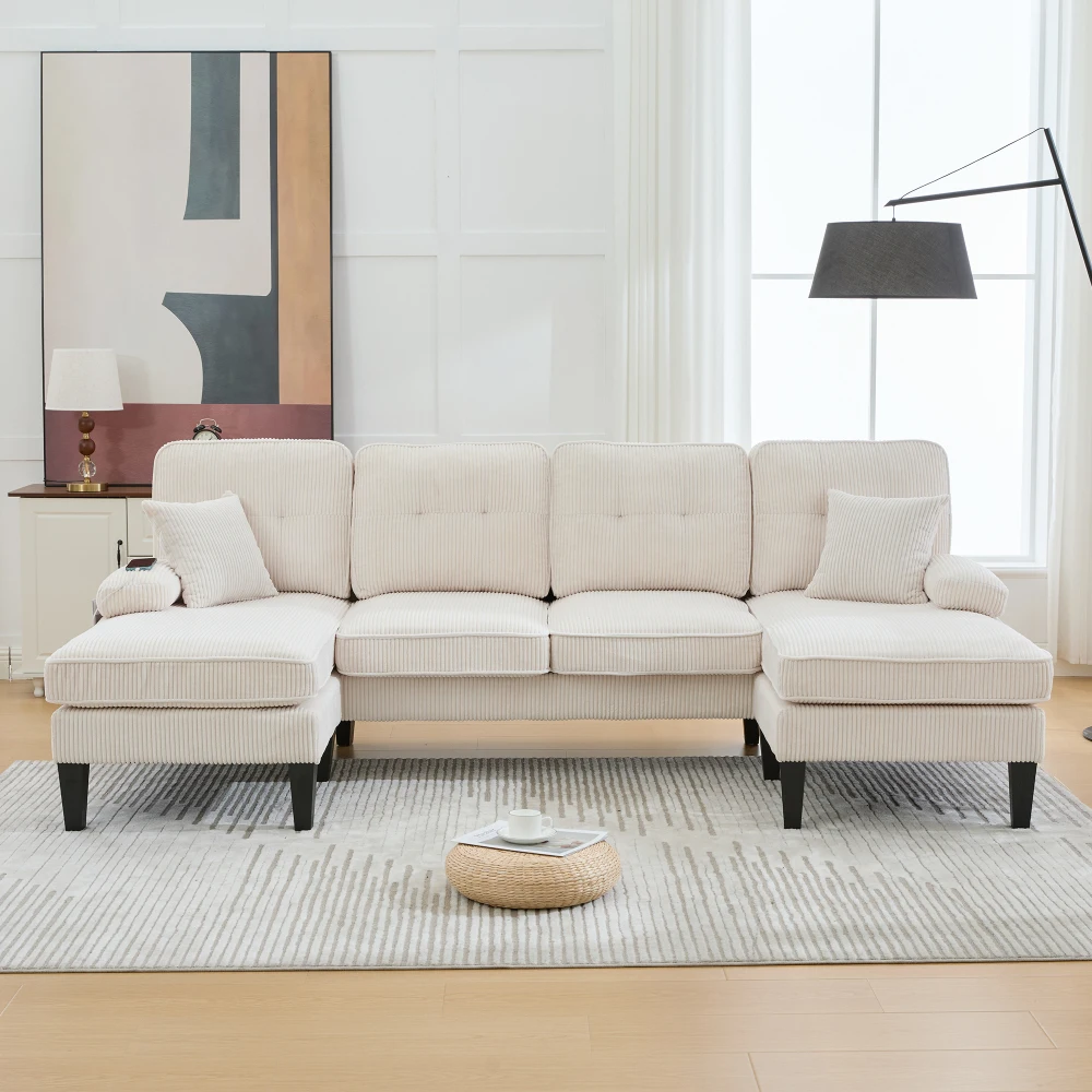Großes U-förmiges 4-Sitzer-Sofa aus Weichem Leinen, Moderne Rückenlehne, mit 2 Chaiselongues, Stabilen Füßen und Gemütlichen Sitzkissen – Detail 35