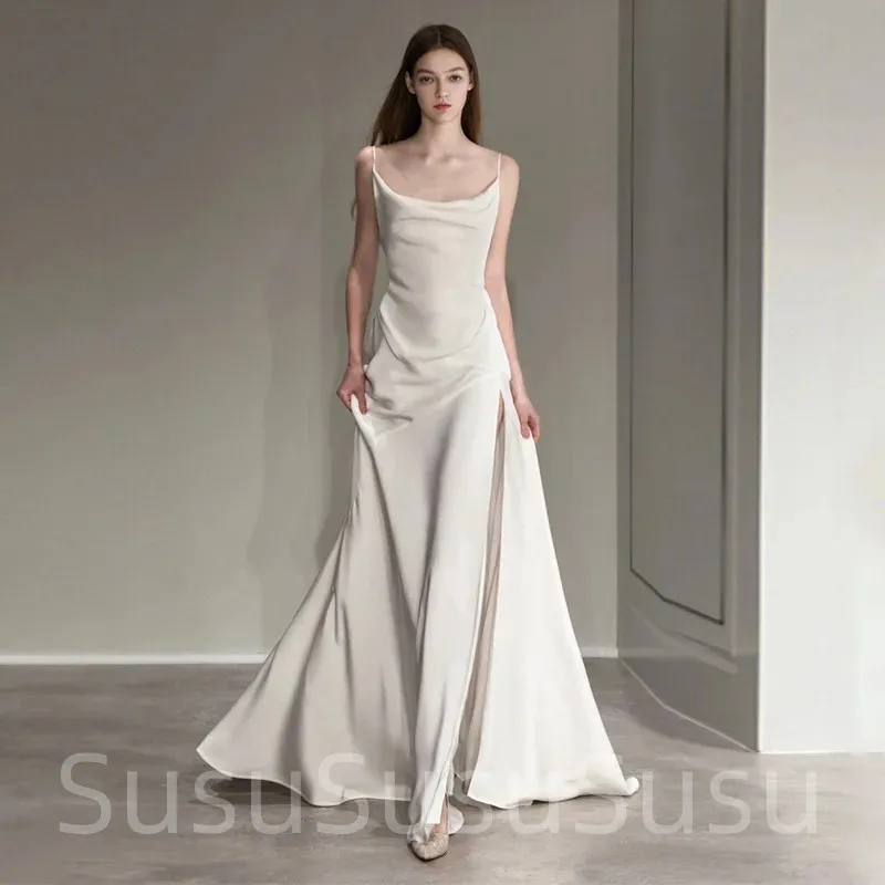 

Elegant Simple A-line Boat Neck Wedding Dress For Women Wedding Gown Sleeveless Backless Stain Sweep Train Vestido De Noiva 2023