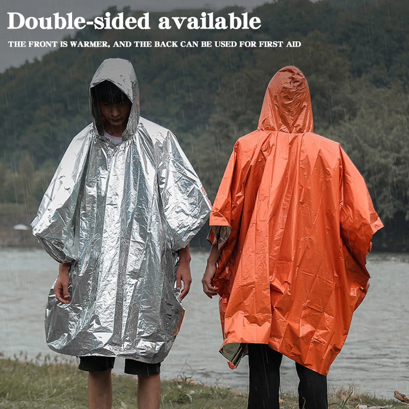 Raincoat Poncho Heat Reflective Thermal Raincoat Emergency Raincoats Poncho Waterproof Rainwear Hiking Survival Space Blanket Camping Equipment