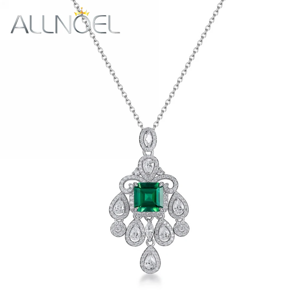 

ALLNOEL 925 Sterling Silver Pendant/Necklace For Women Sparkling lab Created Emerald Gemstone Luxury Party Fine Jewelry Gift