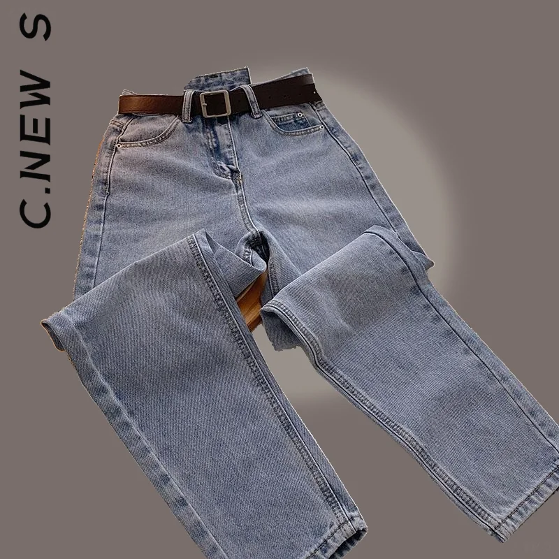 C.New S Women with Belt Straight Jeans Vintage Basic Blue Ankle-length Denim Pants Plus Size Boyfriend Gray Jeans Korean 2022 bell bottom jeans Jeans