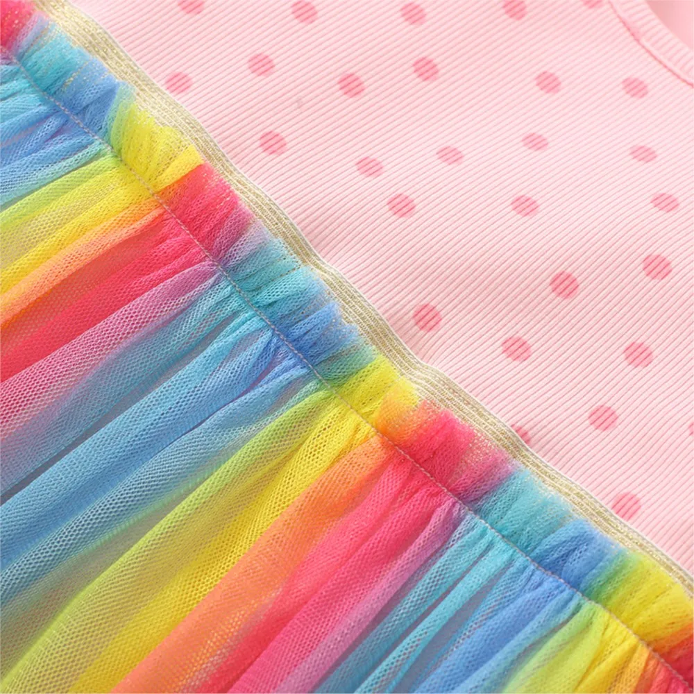 Girls Dresses 2025 Rainbow Colorful Mesh Children Girls Party Dresses Split Joint Long Sleeve Dresses Kids