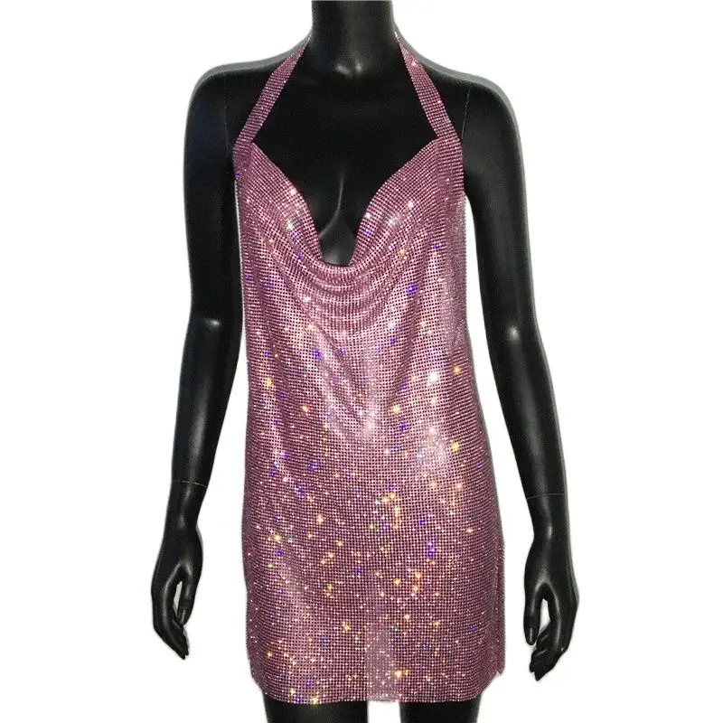 Bling Rhinestone Backless Dress Sexy Deep V Neck Sleeveless Side Split  Halter Dress Nightclub Party Evening Dresses