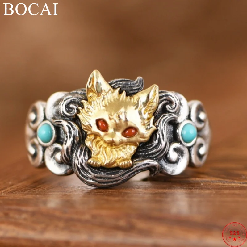 

BOCAI S925 Sterling Silver Rings for Women Men New Fashion Relief Nine-tailed Spirit-fox Turquoise Punk Jewelry Free Shipping