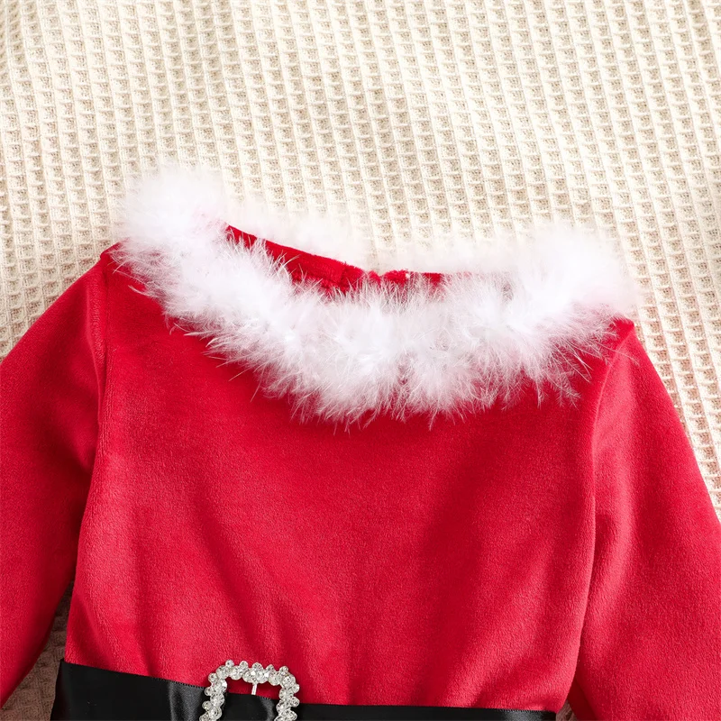 Baby Girl Christmas Dress Santa Claus Long Sleeve Skirt Christmas Velvet Mesh Patchwork A Line Dress with Headband
