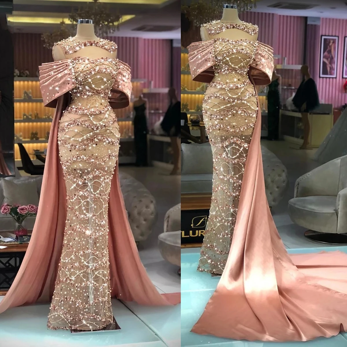 

Pink Mermaid Prom Dress Off Shoulder Sleeveless Bling Beads Sequins Appliques Lace Satin V Neck Sweep Length Vestido De Novia