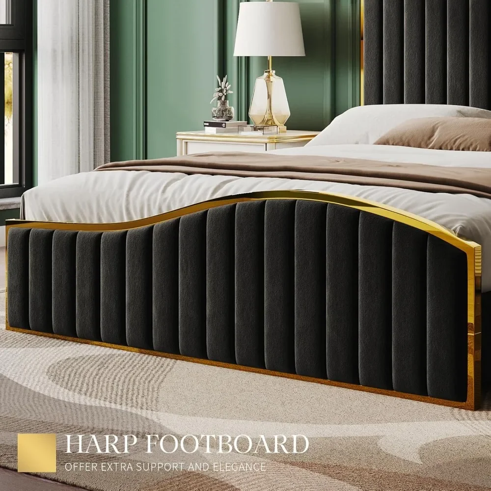 Queen Size Bed Frame, 61.4" High Headboard Platform Bed Velvet Upholstered with Gold Trim & Footboard/Wooden Slats 4