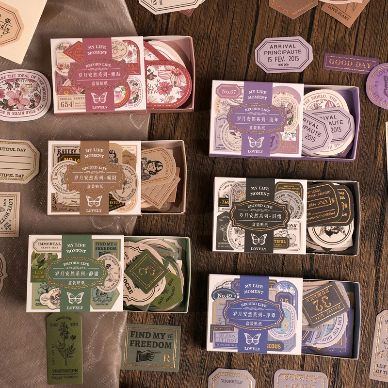 

40 Pcs Vintage Label Ledger DIY Material Sticker Boxed DIY Diary Junk Journal Decoration Tag Washi Stickers Album Scrapbooking