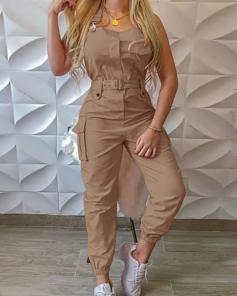 

Female Casual Work Out Playsuits Strap Jumpsuit Women Loose Dungarees Long Rompers Summer Solid Pockets Cargo Pants