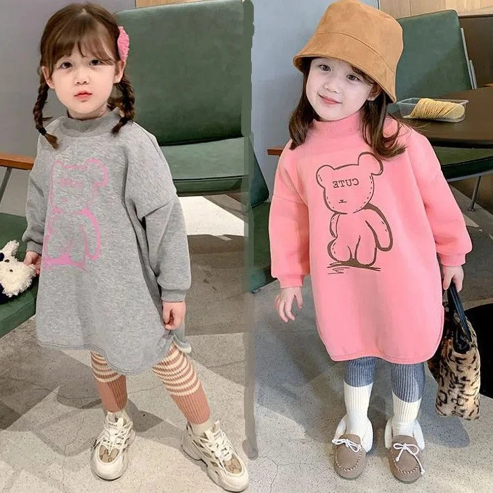 Autumn Winter Girls Thick Velvet Dress Children O Neck Pullover Hoodies Dresses for Girls Cute Animal Casual Dress Toddler Tops