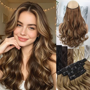 Extension per capelli lunghi ondulati con mèches miste, morbide e invisibili, con trama in pizzo, resistenti al calore, sintetiche, per donna