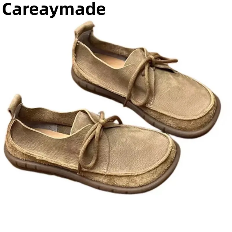 Careaymade-Handmade Genuine Leather Flats Women Shoes Round Toe Shallow Soft Sole Loafers Retro Solid Women Flats women shoes,women flats