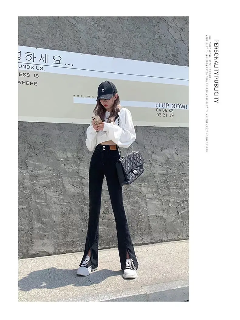 여성용 용수철 하이 웨이스트 슬릿 스트레이트 스트레치 청바지, 슬림 슬림 블랙, 작은 마이크로 플레어 팬츠, 2024
