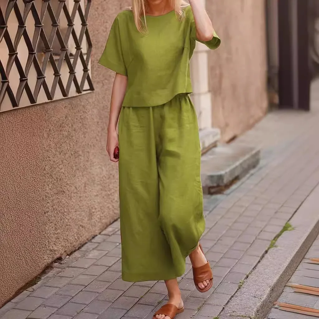 Women Casual Pant Sets High Elastic Waist Wide Leg Loose