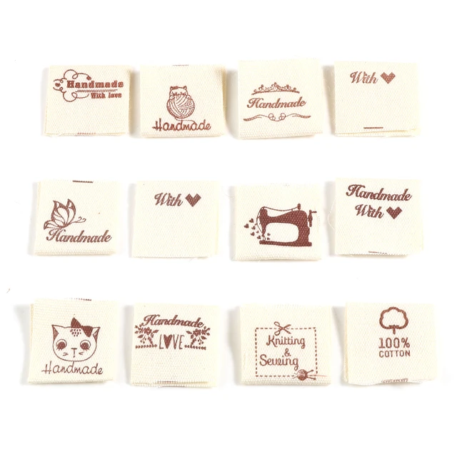 100 Pieces Sewing Labels Clothing Handmade Tags Cute Cartoon Patterns DIY Handmade  Labels Embroidered Label Tags for Purse Knitting Supplies Cat with Love 