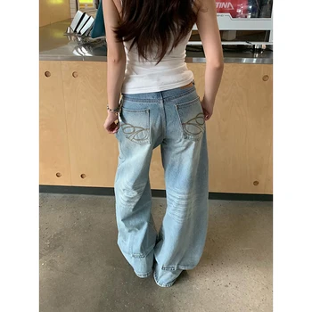 YIBASHU Women Baggy Jean American Retro Denim Blue Pants Y2k Design High Street Wide Fit Cowboy Japanese Harajuku Long Trousers 1