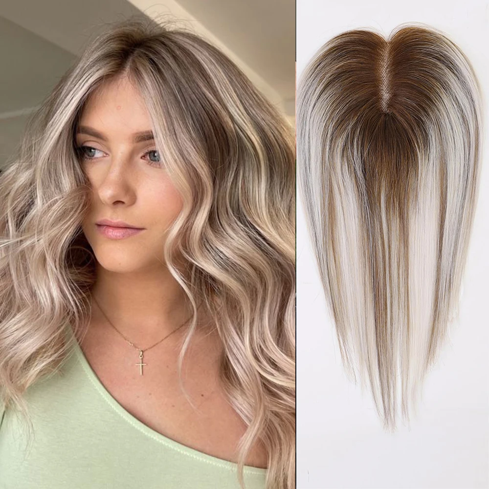 Gray platinum blonde mixed 100% Remy human hair toppers clips in hair lace base topper extensions for women 12 inches human hair toppers