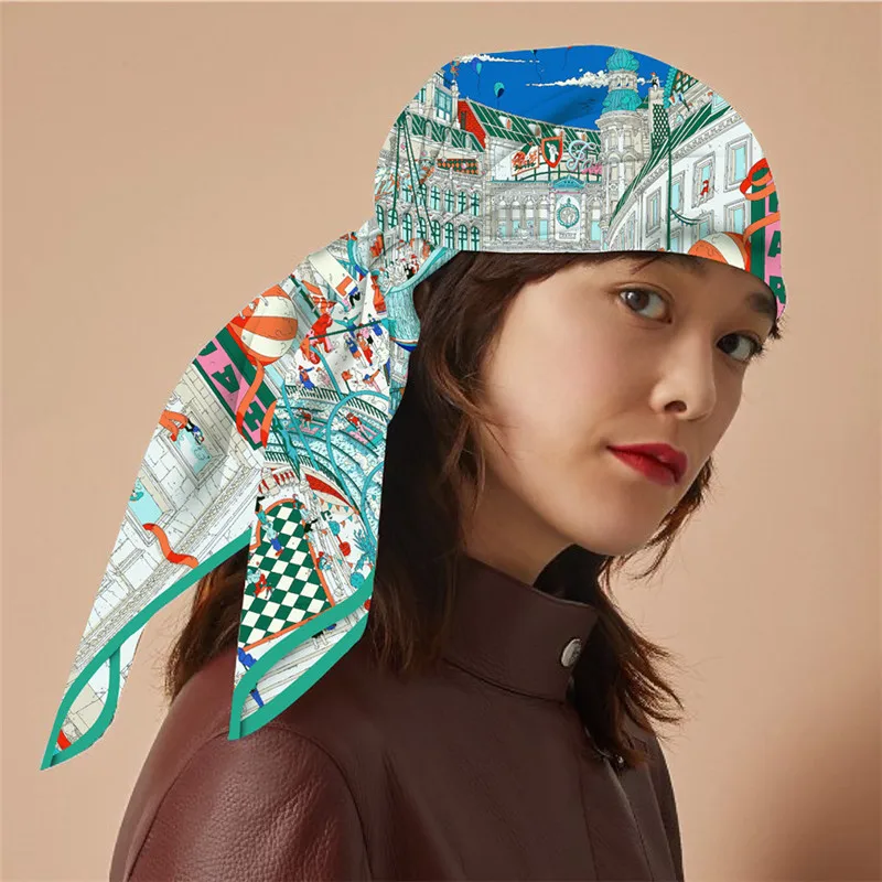 Seide Schal Frauen Stadt Straße Drucken Platz Schals Kopf Echarpes Seide Foulards Femme Wraps Strand Schal Bandana Dame Hijabs 90CM – Detail 12