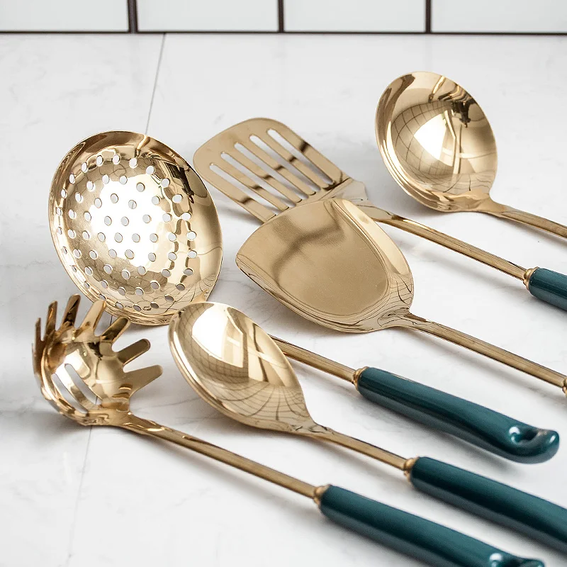 

Nordic light luxury kitchen full set of anti-scald handles, spatulas, stir-fry colanders, spoons, stainless steel European k
