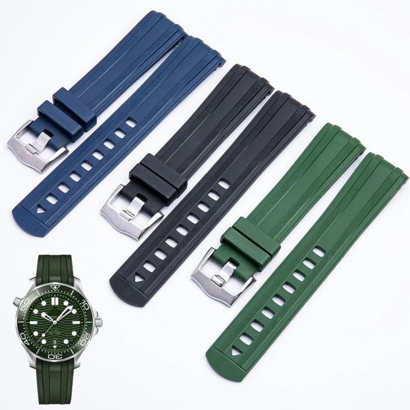 

Curved End Rubber Green Blue Black Strap for Omega Seamaster 300 Diving Stainless Steel Buckle Men Replacement Watchbands 20mm