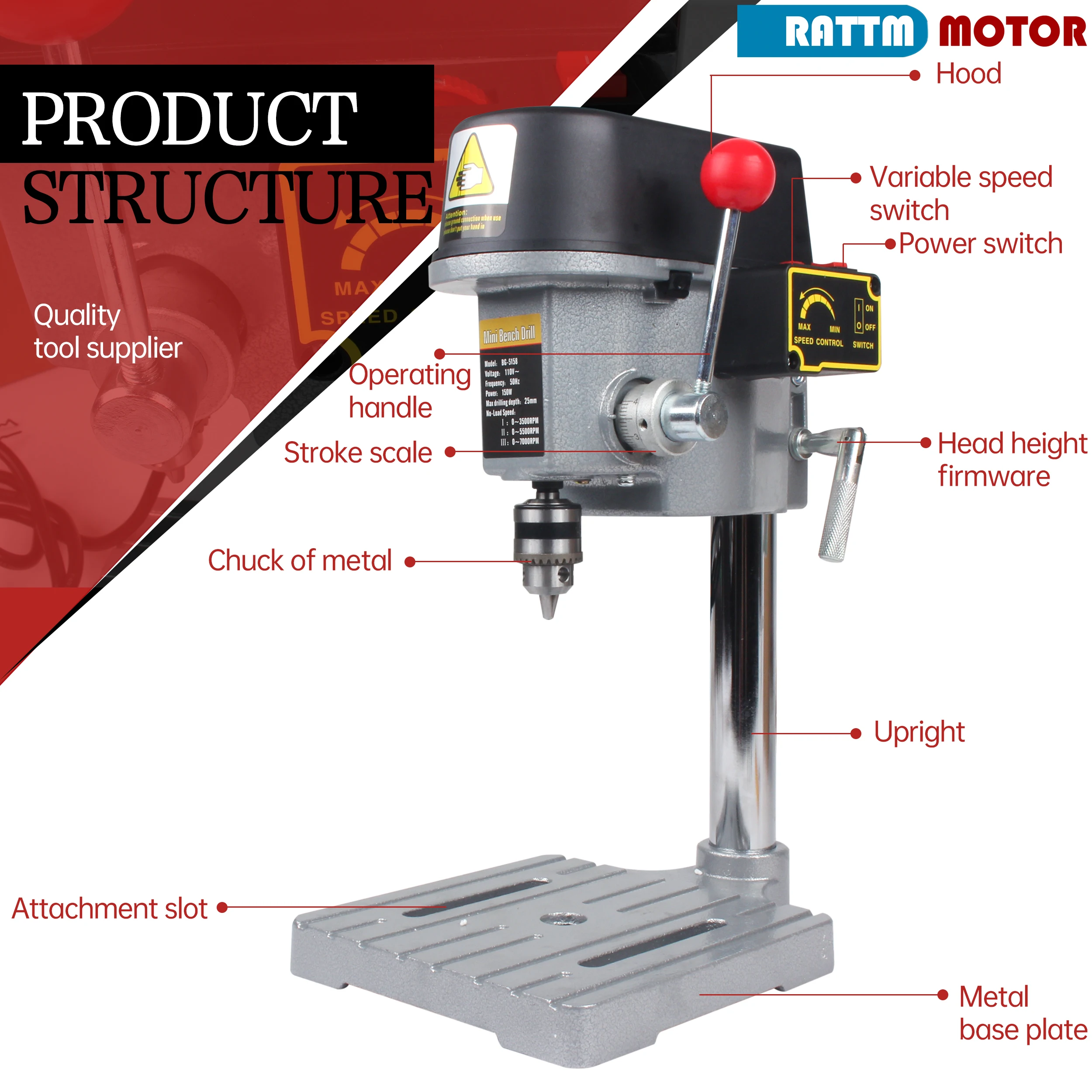 340W Mini Metal Bench Table drill Stoke 25mm 110V / 220V 3
