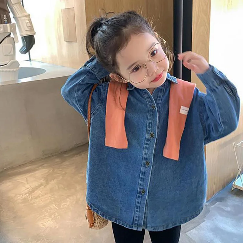 

Fashion Style Children Girl's shirts Kids Denim Shirt Long Sleeve Blouses Solid Color Children's Shirt BC022