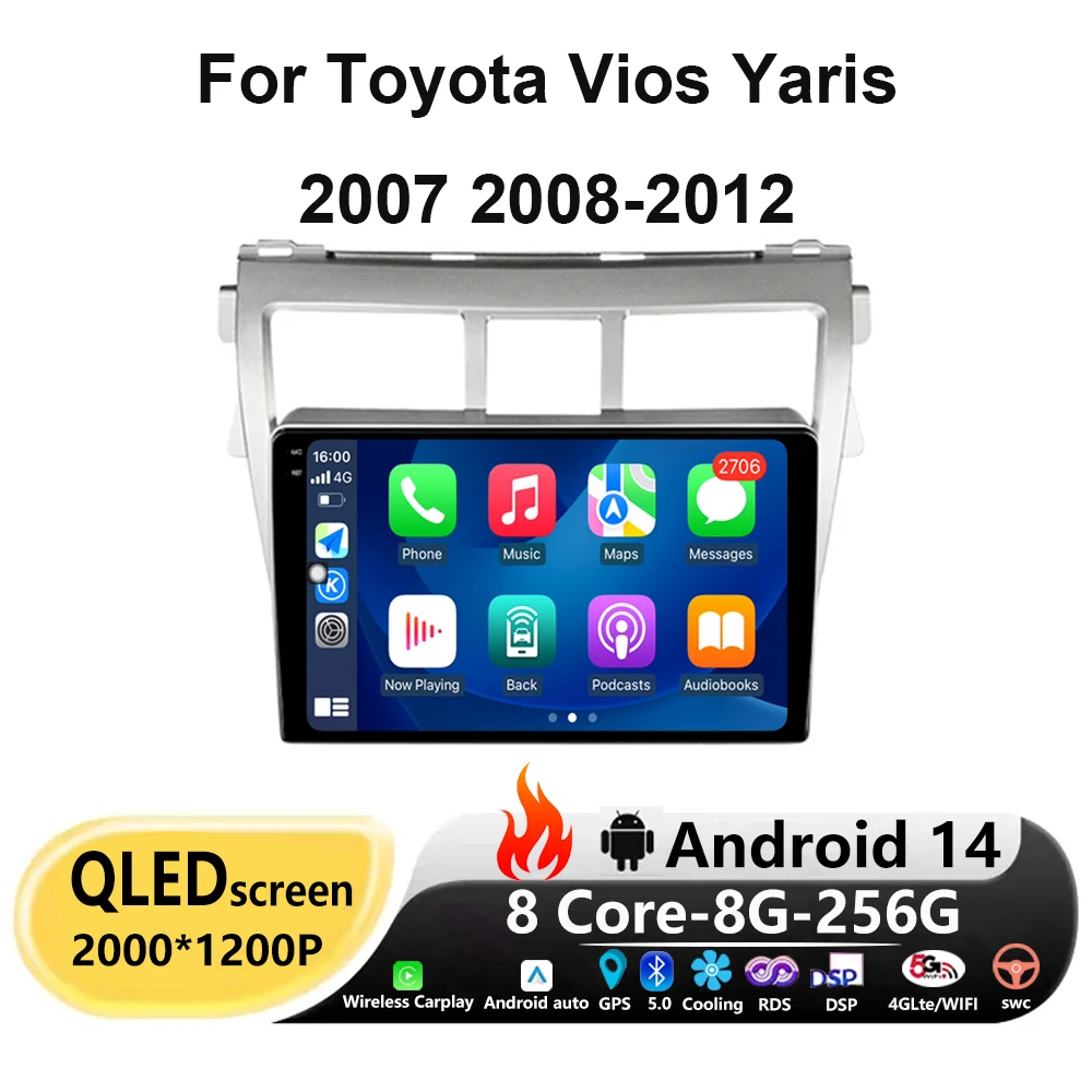 

9'' Android 14 Car Radio For Toyota Vios Yaris 2007 2008-2012 Multimedia Video Player Auto Carplay GPS Navigation Stereo 4G WIFI