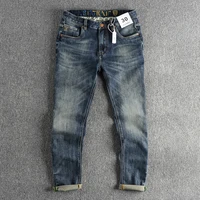 Waist Embroidery Denim Jeans for Men Dark Blue Washed Slim Fit Straight Pants Autumn Youth Male Cityboys American Vintage Casual 1