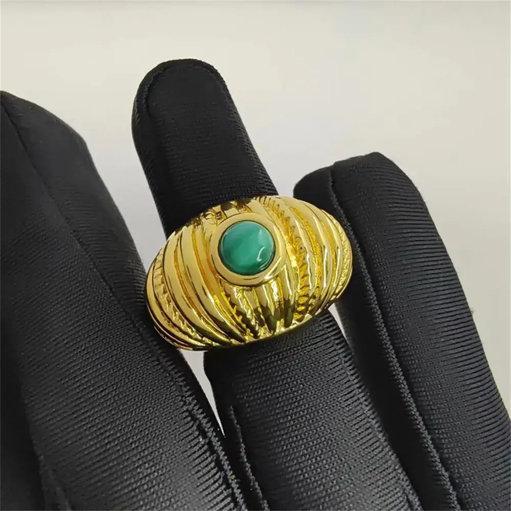 New Retro Exaggerate Lava Textured Chunky Rings for Women Lightweight Striped Green Natural Stone Dome Knuckle Ring Punk Jewelry