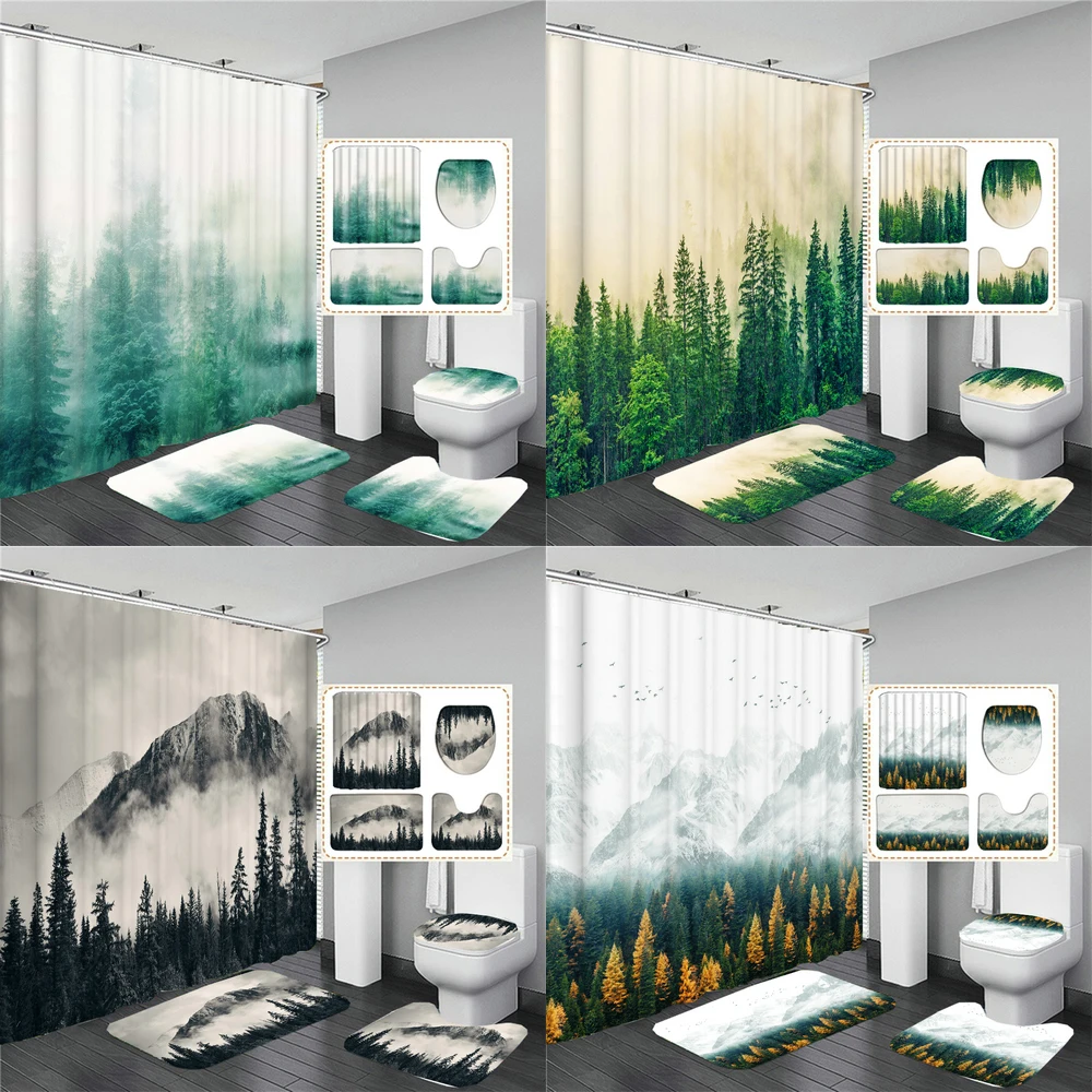 

The Fog of the Forest Landscape Shower Curtain Bathroom Accessories Partition Waterproof Polyester Bath Curtain Rugs and Mat Set