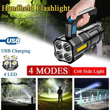 고출력 LED 손전등, 쿼드 코어, 강력한 손전등, USB 충전식 LED 손전등, 캠핑, 매우 밝은 토치, 플라이트