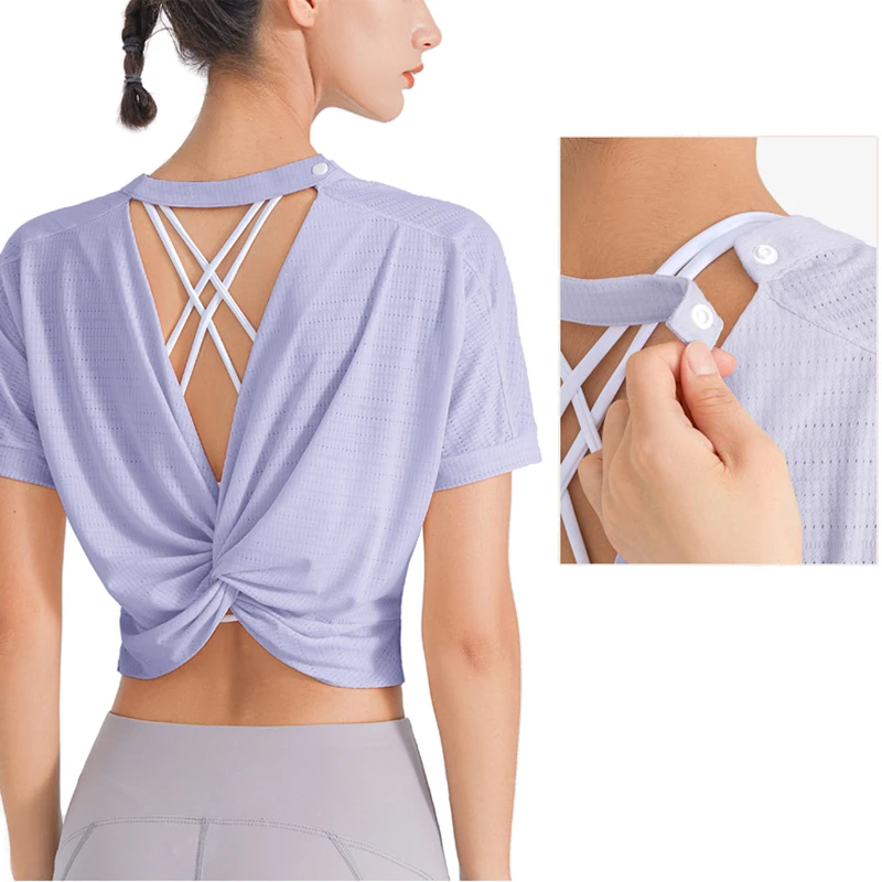 

Yoga Shirt Women Gym T Shirt Quick Dry Breathable Sports Backless Shirts Top Fitness Short Sleeve Workout Yoga Vest Sportswear