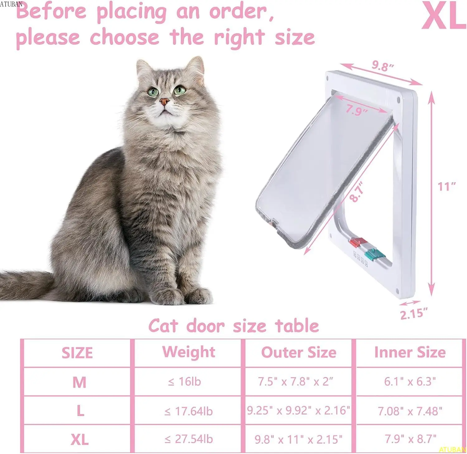 ATUBAN Cat Door Flap Extra Large 4 Way Locking for Interior Exterior Doors Weatherproof Pet Door for Cats Doggie Kitties&Kittens cat door,pet door