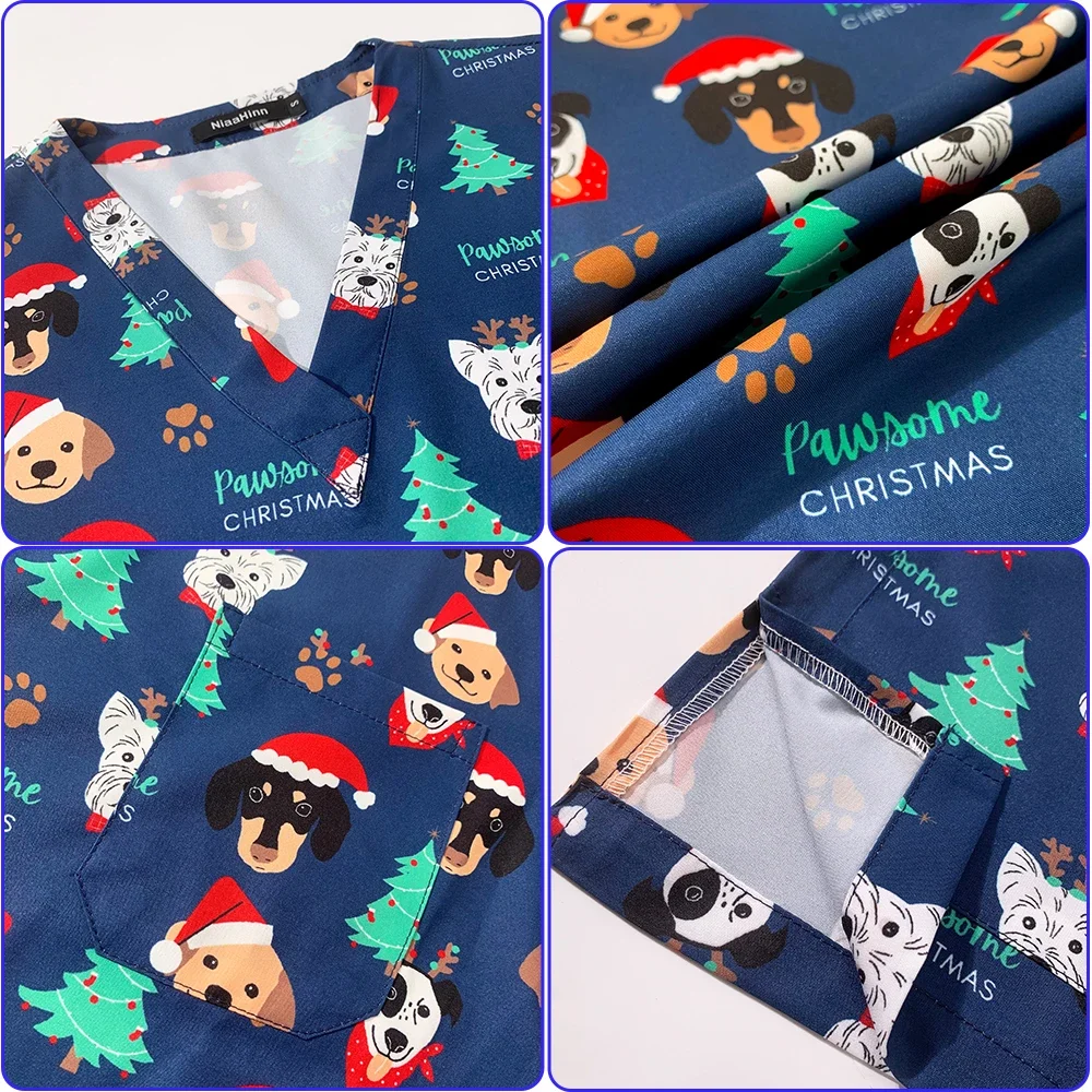 New Santa Scrubs Medical Uniforms Women Men Nurse Accessories Clinical Uniform Dentist Work Blouse Vet Spa Christmas Scrubs Tops