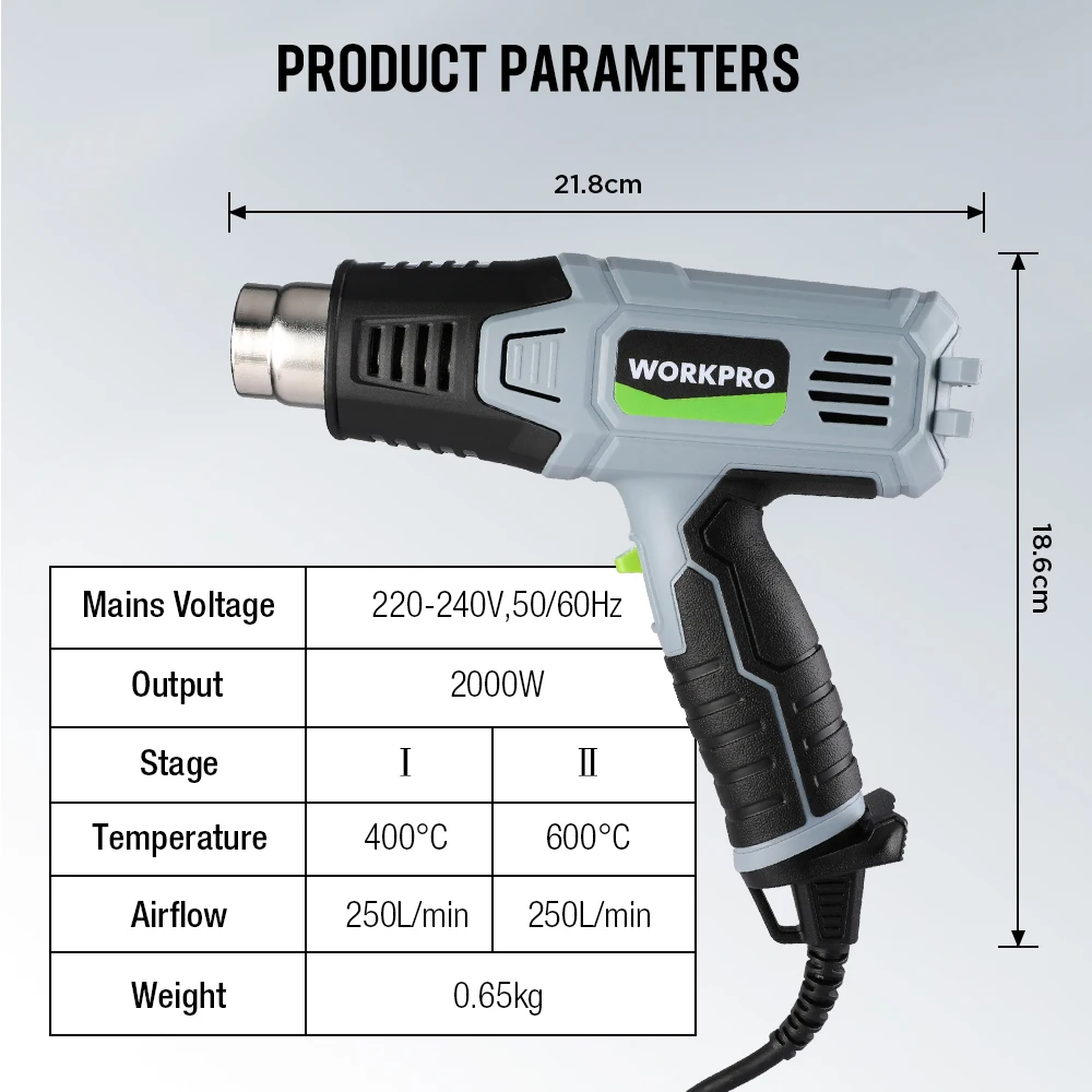 WORKPRO 2000W VDE Plug Industrial Electric Hot Air Gun Thermoregulator Heat Guns Shrink Wrapping Thermal Heater Nozzle 6