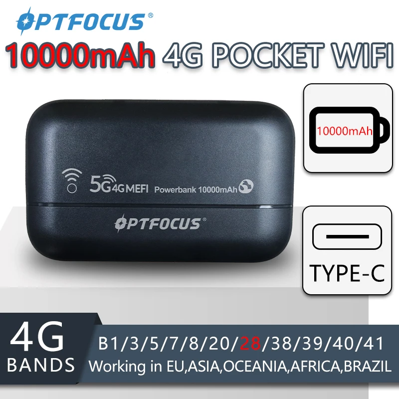 Optfocus 4G Lte 10000Mah Batteria Mifi Pocket Wifi Hotspot Tipo C 4G Router Modem Wifi Portatile Con Slot Per Sim Card