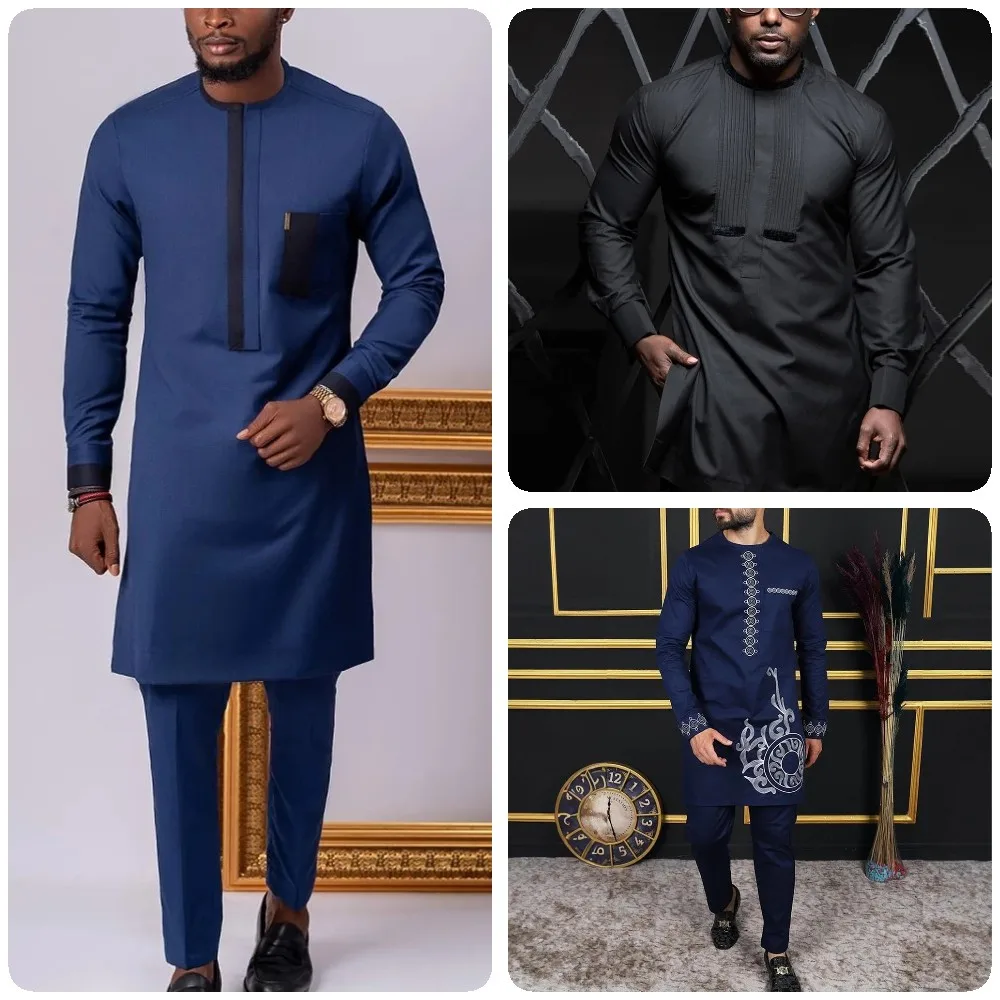 

African New Men Set Crew Neck Gentleman Long Shirt And Social Casual Pants Two Pieces Wedding Party Wear Men Clothing Suits 2022