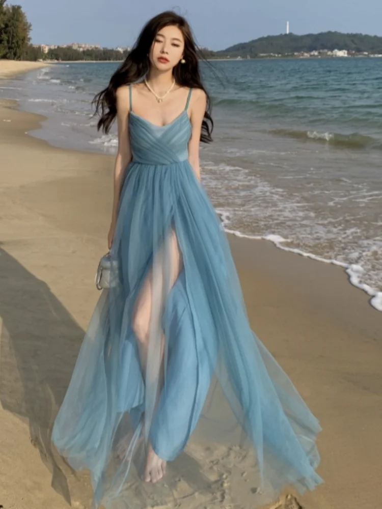 

Women Beach Long Holiday Dress Blue Mesh Strap V-Neck Split Maxi Dress vestidos elegantes wedding party dresses prom dress