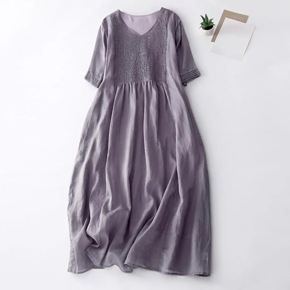 

Loose Cut Pleated Dress Elegant Double-layered Midi Dress with Pleated Short Sleeves V Neck for Women Soft Breathable A-line