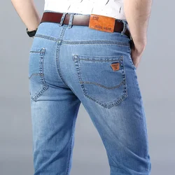 2023 Spring Summer Classic Pocket Men Fit Straight Thin Jeans Cotton Elastic Middle Waist Business Casual Lightweight Pants